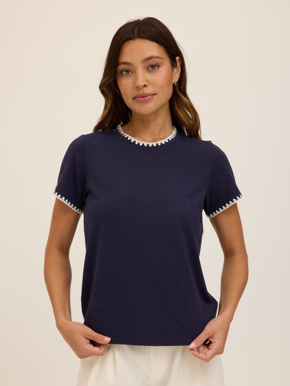Teddi Rose Embroidered Trim Top, Navy Blue/Cream Whipstich, Sz S, NWT